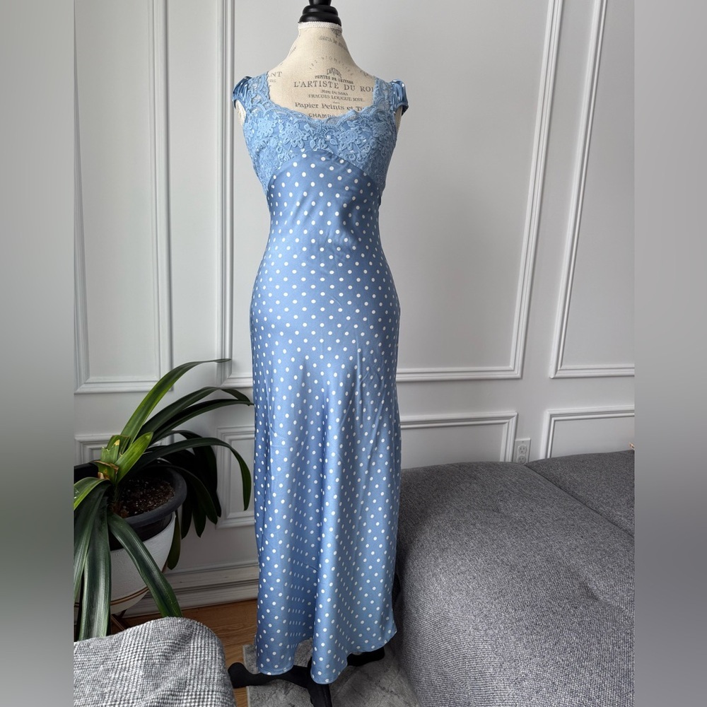 Blue and white polka dot midi dress